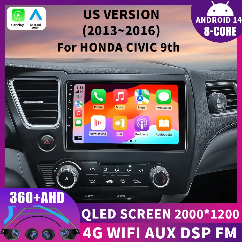 

For Honda Civic 9 2013 2014 2015 2016 Carplay Android 14 Auto DSP Car Radio Multimedia Video Player Navigation Stereo WIFI GPS