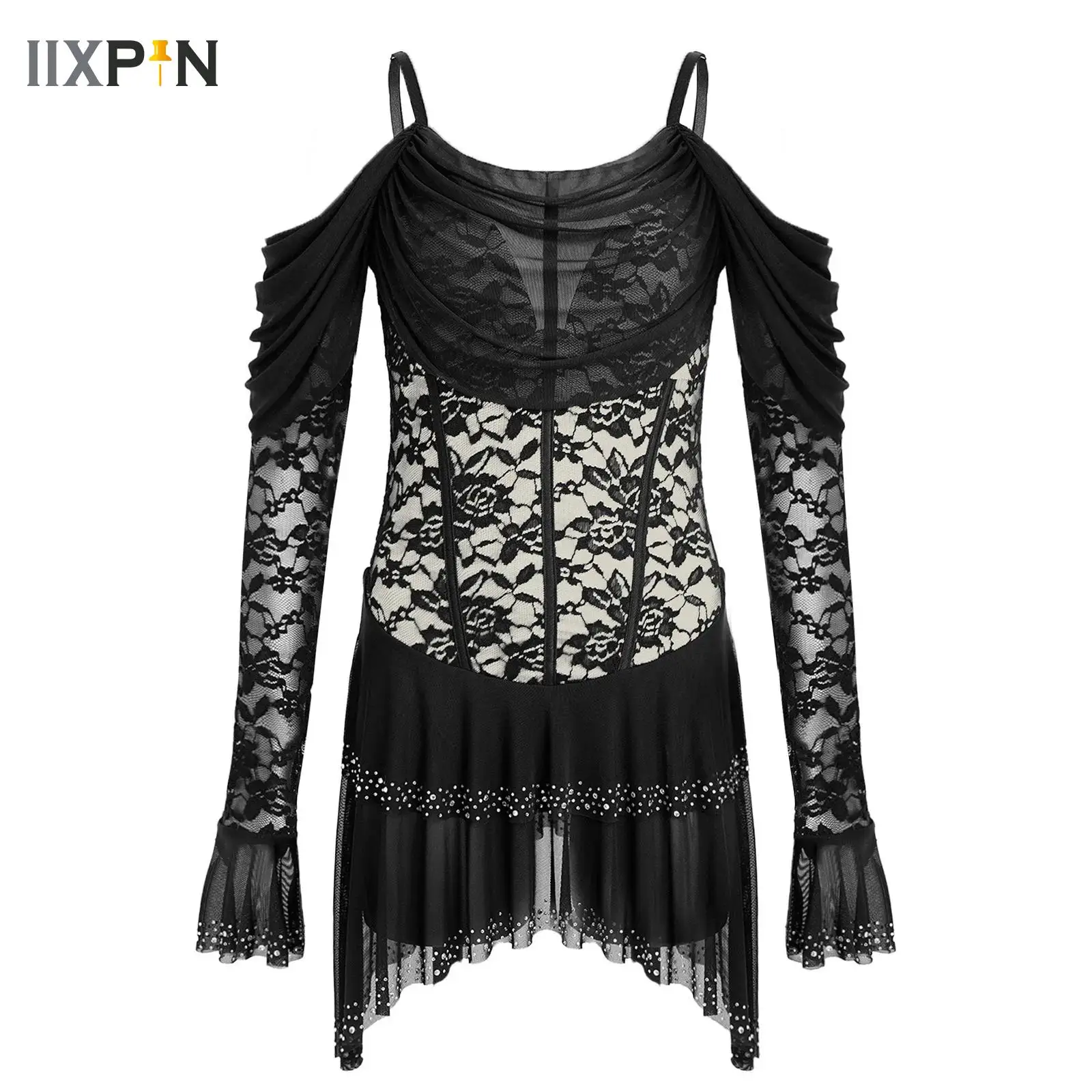 

Womens Gymnastics Dress Cold Shoulders Floral Lace Lyrical Latin Dance Dress Ballet Gymnastics Figure Skating Stage Dancewear