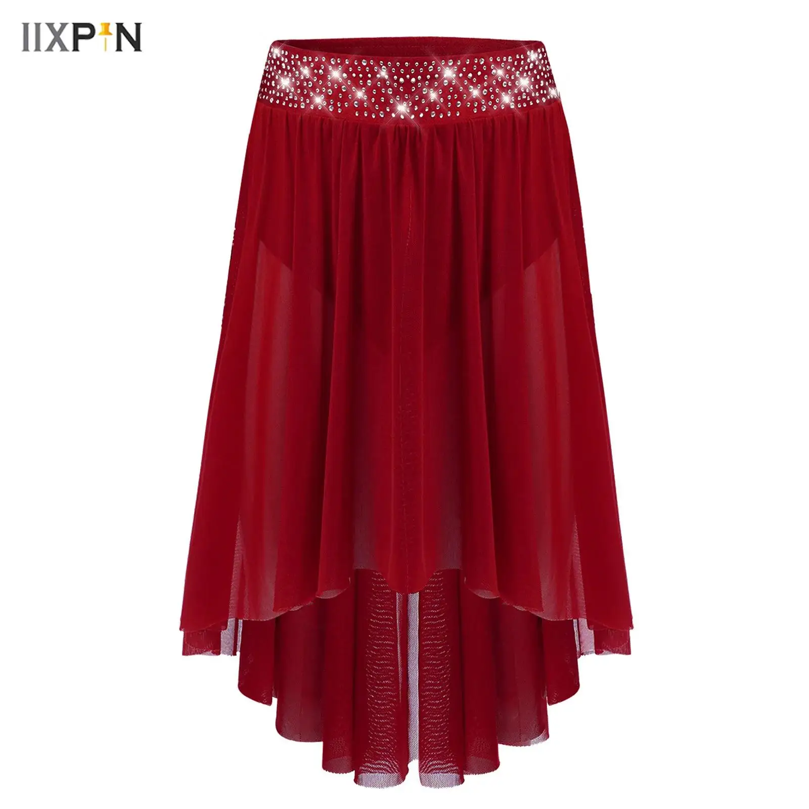 

Kids Girls Lyrical Dance Skirt Shiny Rhinestones Elastic Waistband Asymmetrical Skirt with Built-in Briefs Ballet Leotard Dress