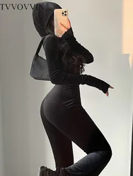 TVVOVVIN-Combinaison à Capuche Slim en Velours Noir, Fermeture Éclair, Manches sulf, Pantalon Évasé, Barboteuses Coréennes, Sexy et Tendance, Y-2023 9P64