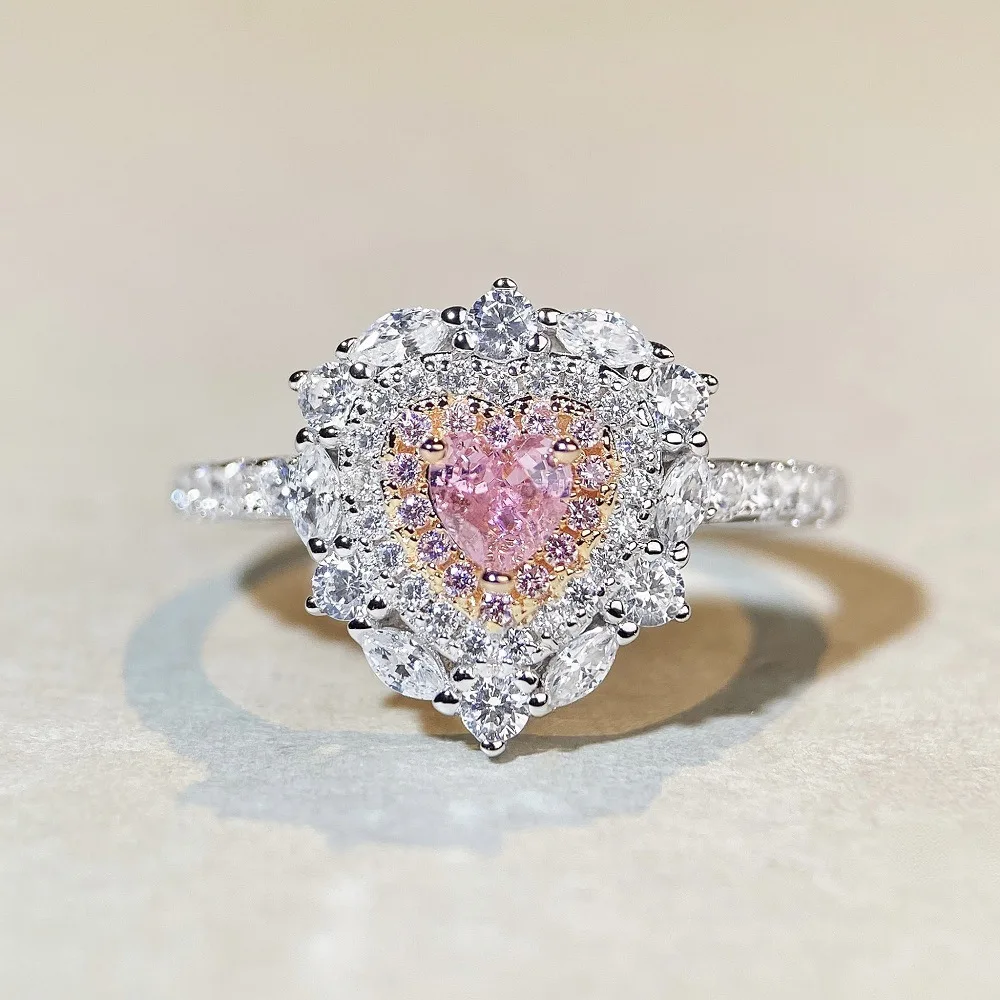 Luxury white gold solid platinum PT950 Women's Love Ring Women's Simple Cute Simple Style Peach Heart Powder Diamond Ring