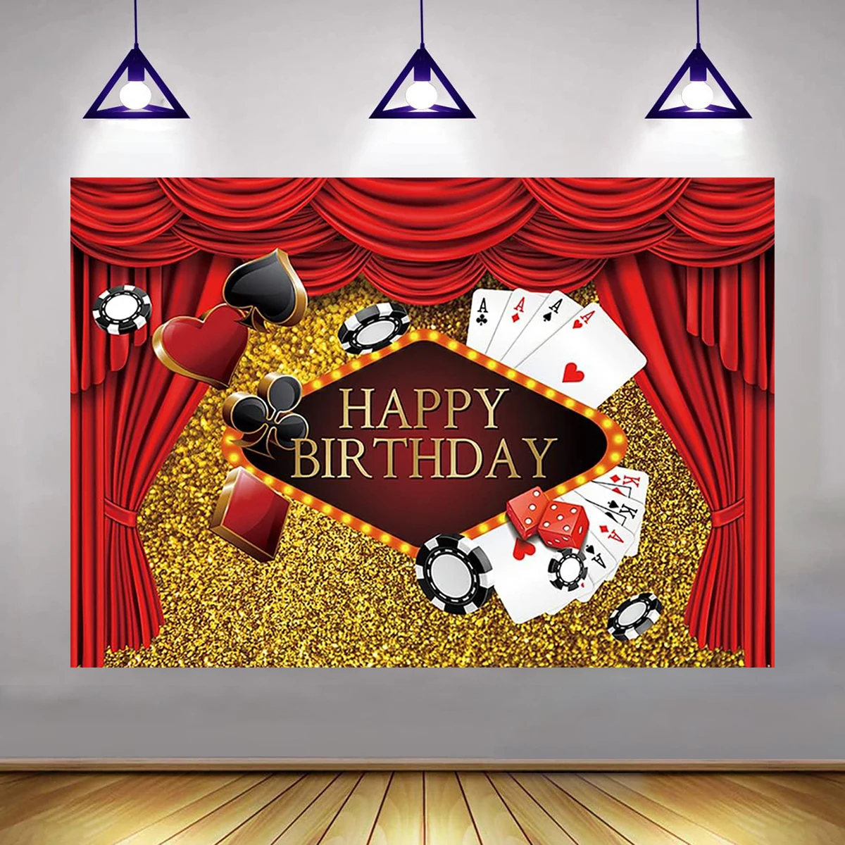 Happy Birthday Poker Polyester 7x5ft Backdrop Photography Party Banner Casino Night Scenery Decorations Red Golden Dice Light