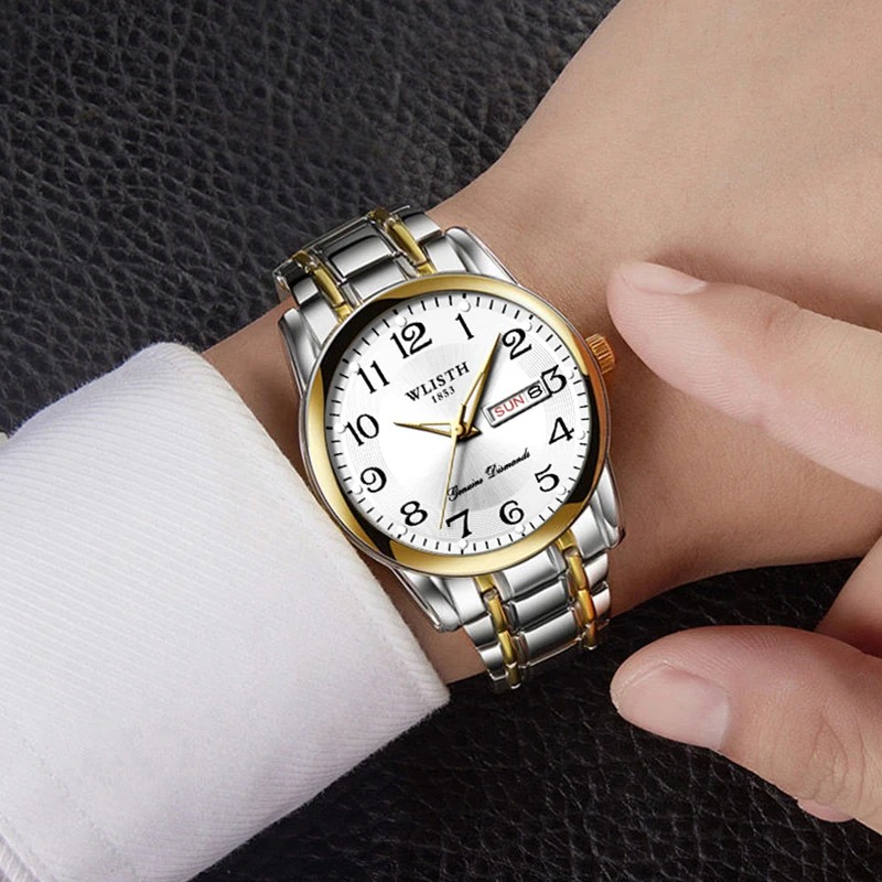 WLISTH Fashion Trend Double Calendar Men's Quartz Wristwatch Steel Band Waterproof Luminous Watch Wholesale