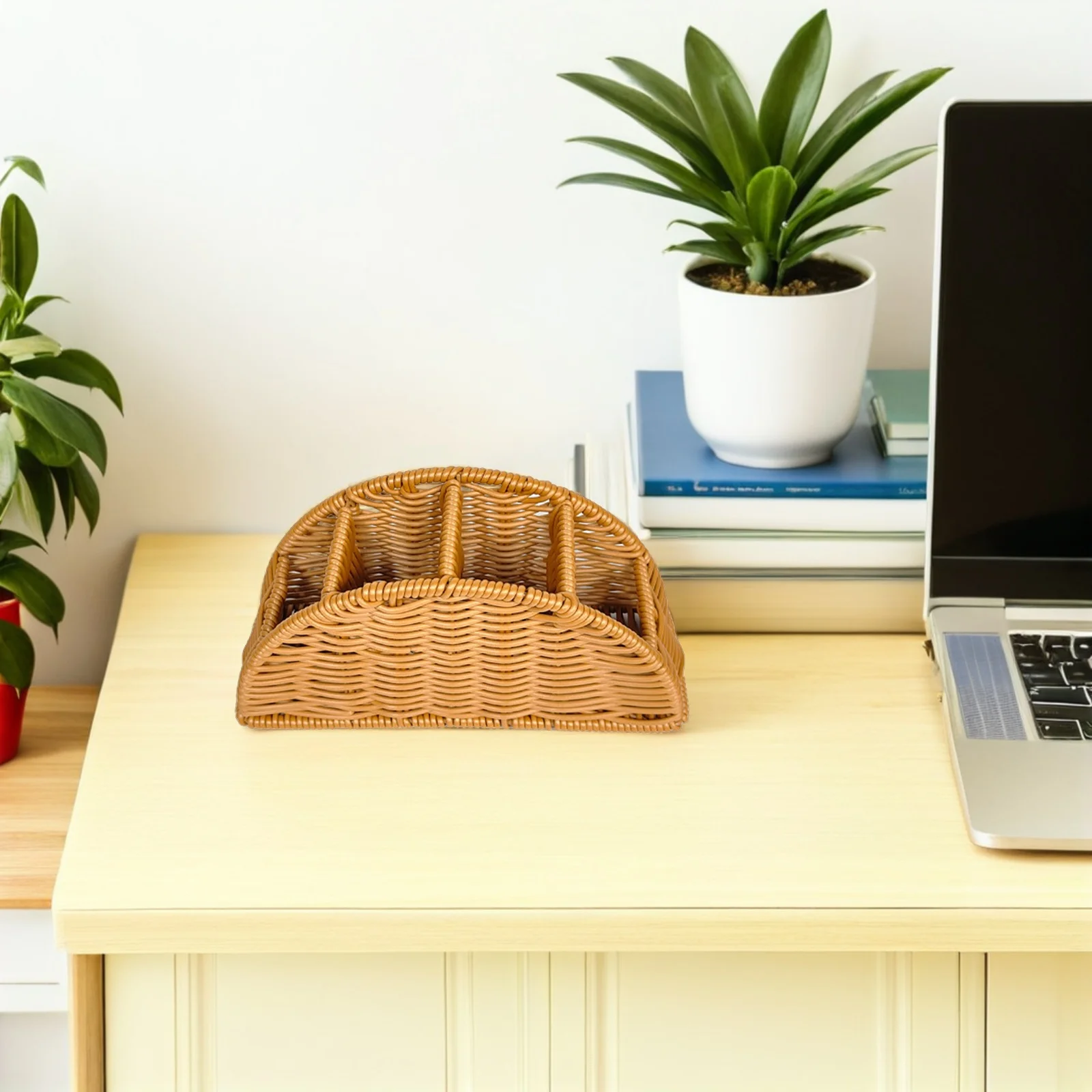 

Remote Control Holder Synthetic Rattan Organizer 4-Compartment Desktop Storage Box Pen Makeup Brush Holder Vintage Desk Caddy