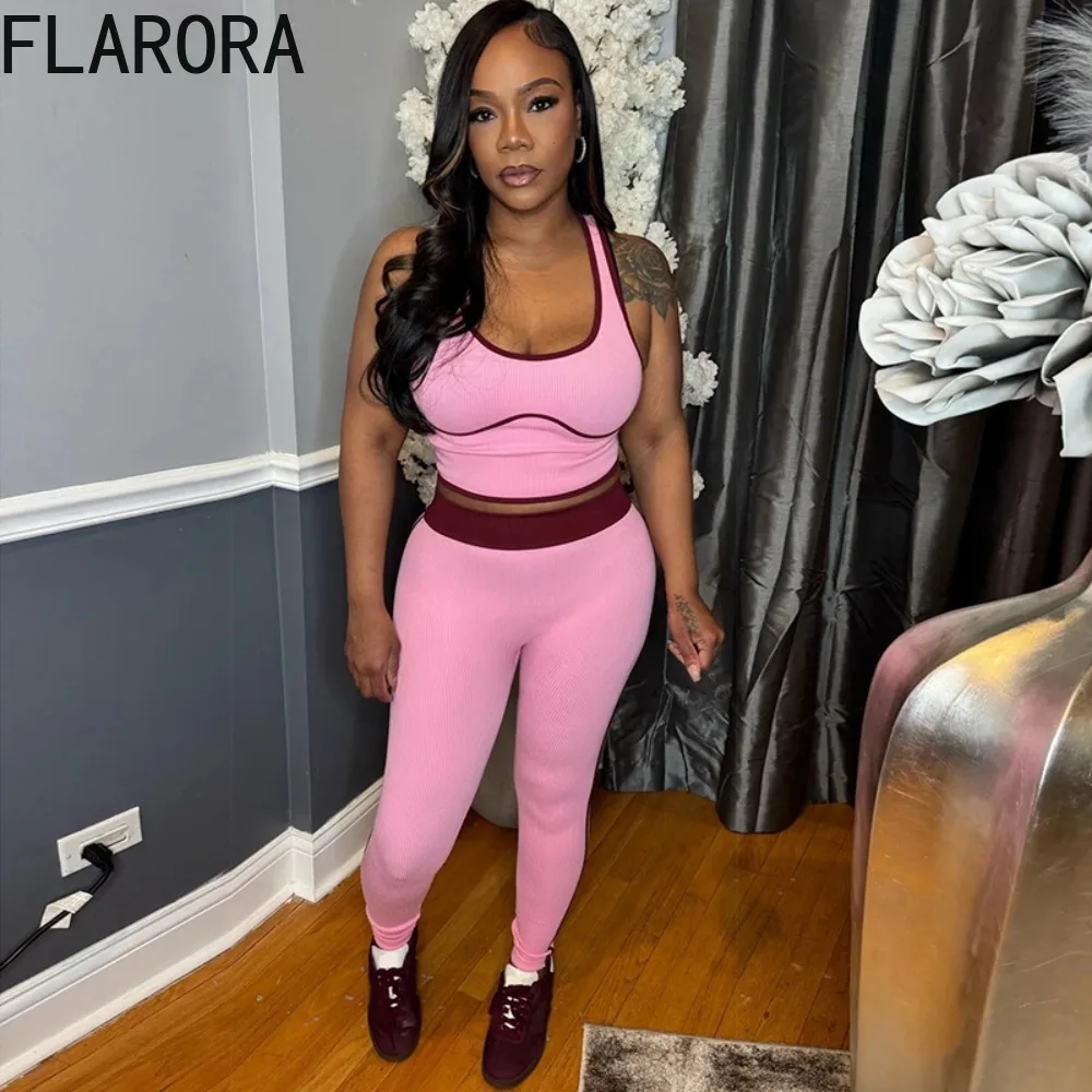

FLARORA Casual Sporty 2 Piece Sets Woman Trend Lines Patchwork Square Collar Crop Tank Tops And Leggings Yoga fitness Tracksuits