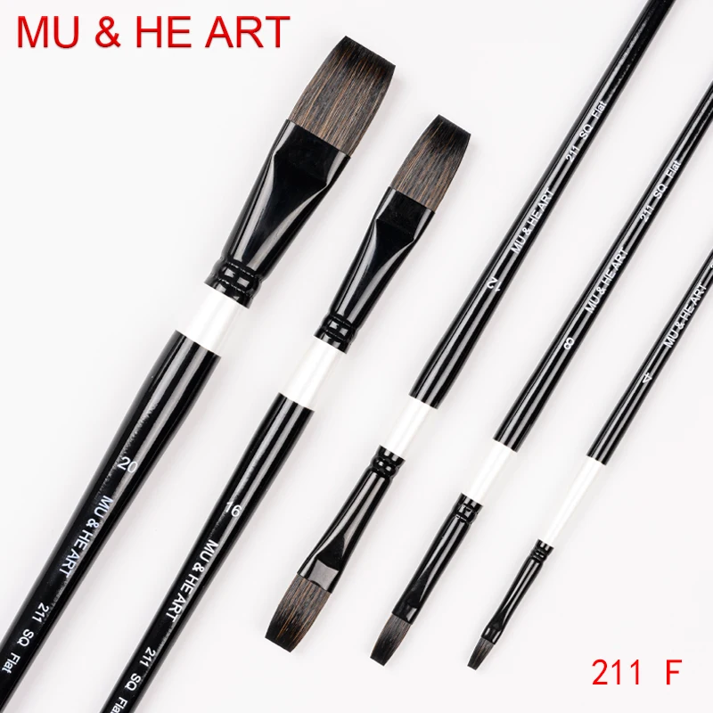 

Squirrel Hair Mixed Watercolor Paint Brush Flat Head Black & White Wooden Handle Brass Ferrule 211F MU HE ART