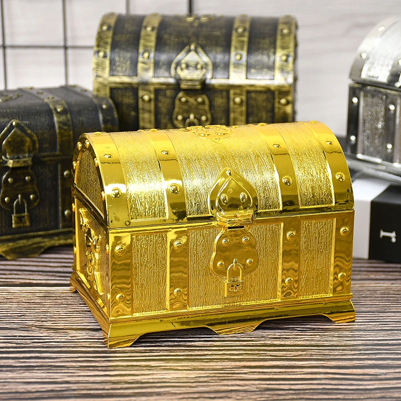 

1Pc Golden Pirate Chest With Lock Retro Plastic Treasure Chest DIY Snack Candy Packaging Box For Kid Toy Gift Birthday Halloween