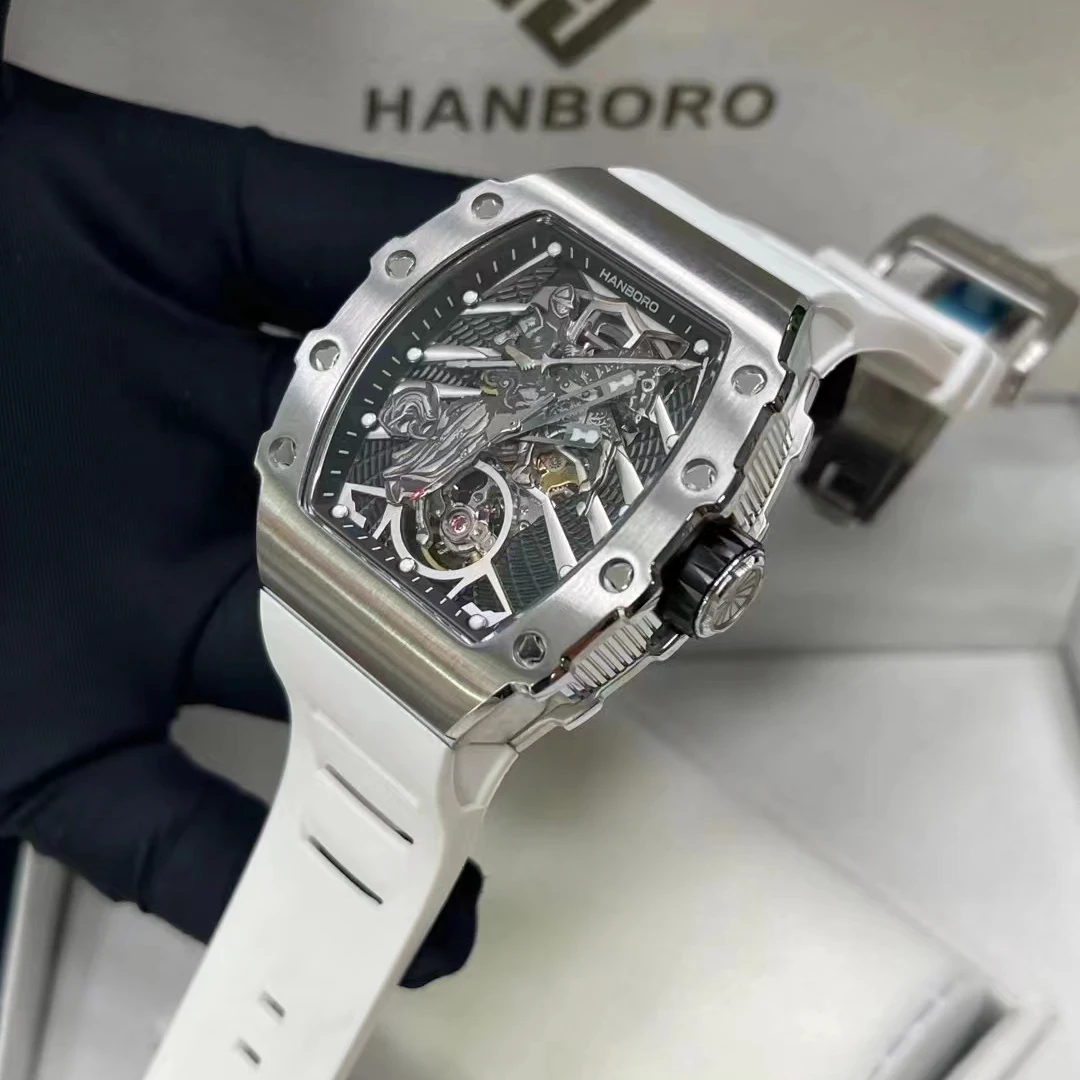 HANBORO Men Automatic Watch Tonneau Mechanical Wristwatch Luminous Tonneau Case Waterproof Skeleton Knight Dial Rubber Strap