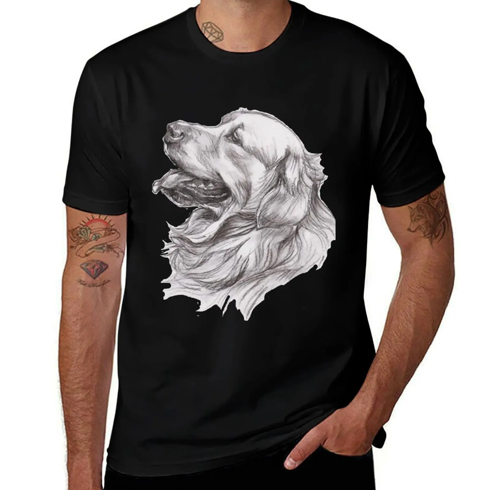 Golden Retriever Dog Portrait Drawing T-Shirt Soft Lightweight Cotton T-Shirt