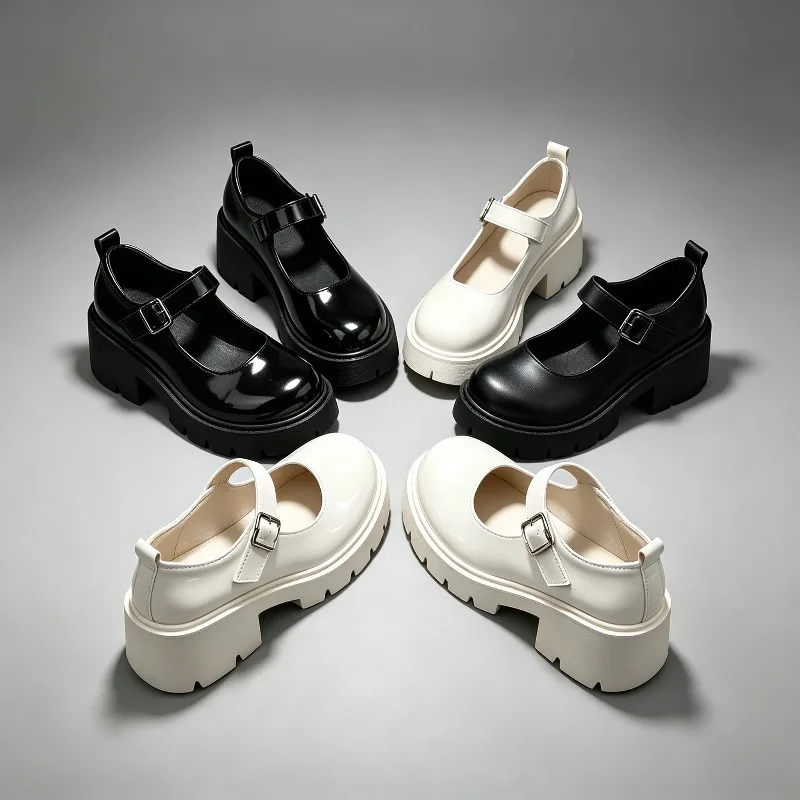 Black Ankle Buckle Platform Pumps Women Japanese Style Patent Leather Mary Jane Punk Thick Heels Lolita Shoes Vintage Stage Wear