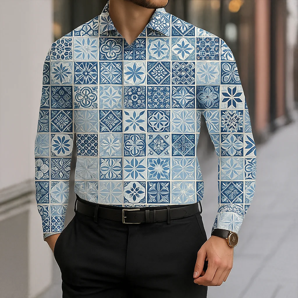 الرجال قميص طويل الأكمام عادية سليم صالح زر أسفل قميص البحر الأبيض المتوسط بلاط نمط قميص للرجال قمة الموضة بلوزة الذكور المحملة