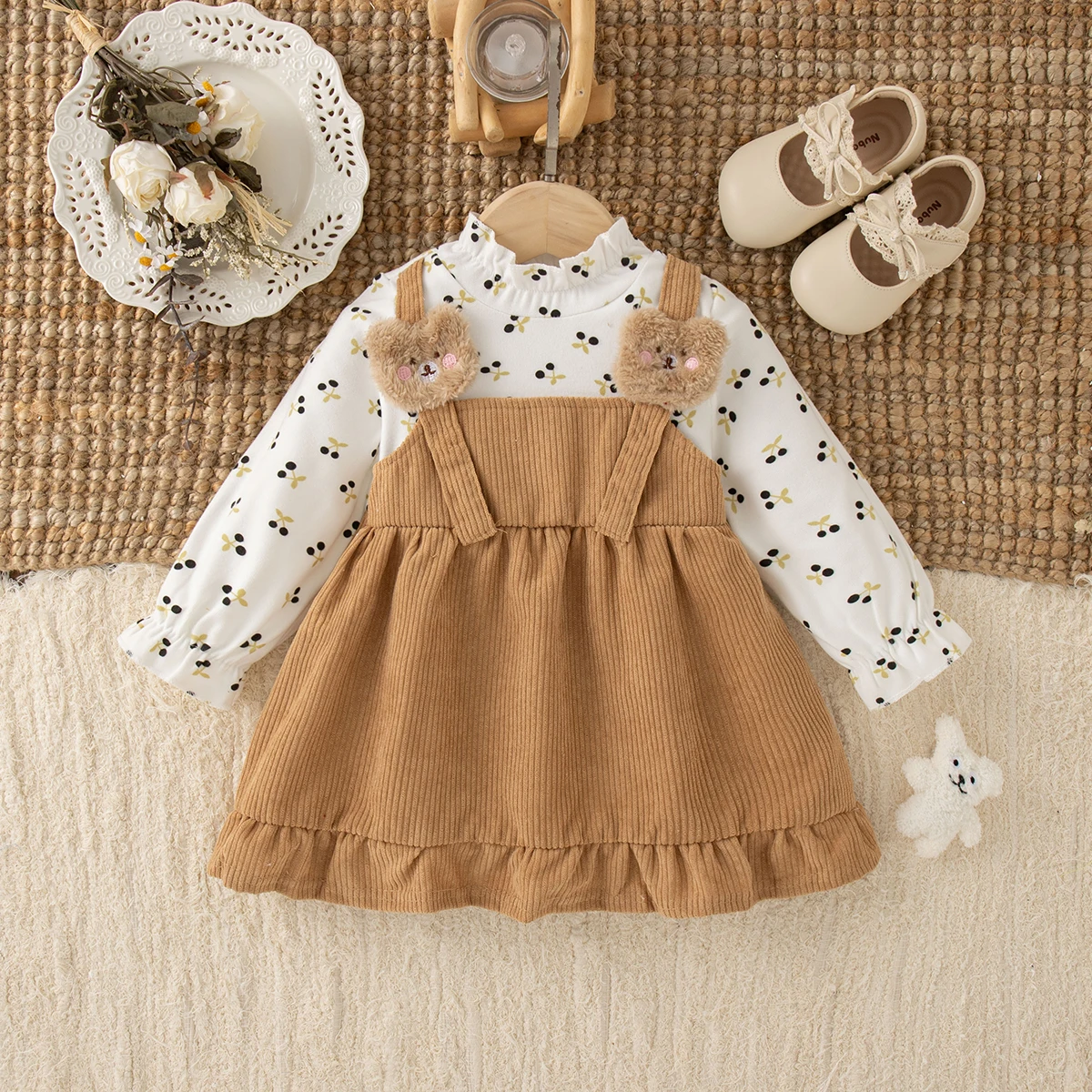Autumn New Cute Bear Head Baby Girl Dress With Printed Long Sleeved Children'S Clothing (9 Months -3 Years Old)