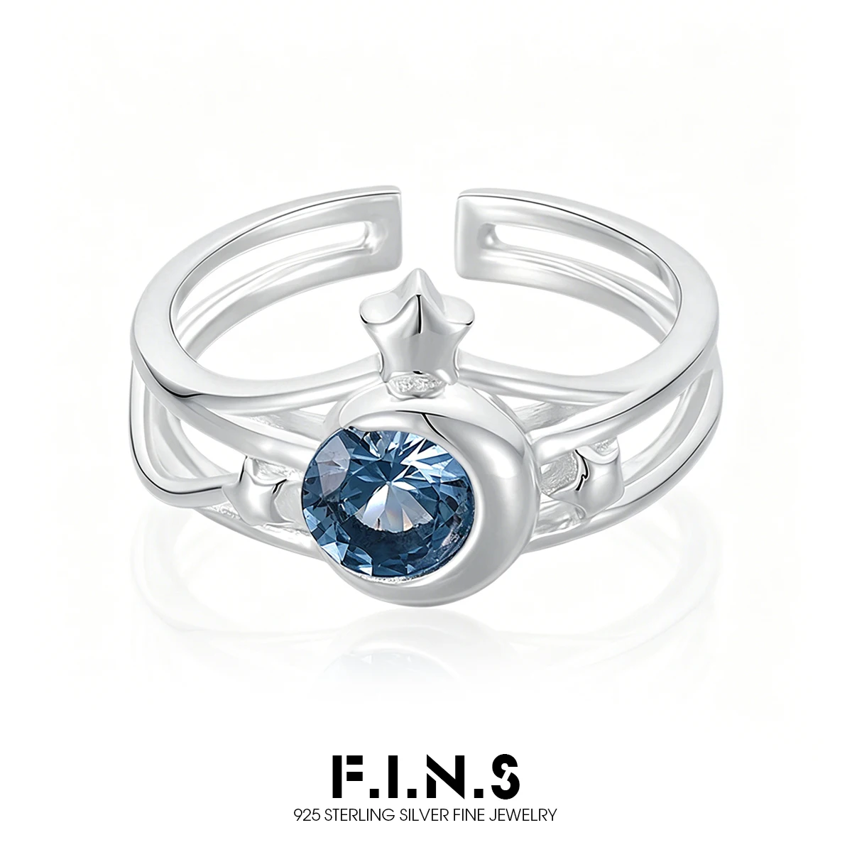 

F.I.N.S Original S925 Sterling Silver Sea Blue Zircon Star and Moon Ring For Women Open Unique Minimalist Fine Jewelry Gifts