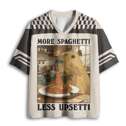 Capybara Eating Spaghetti Graphic Mesh Jersey V Neck Short Sleeve Tee