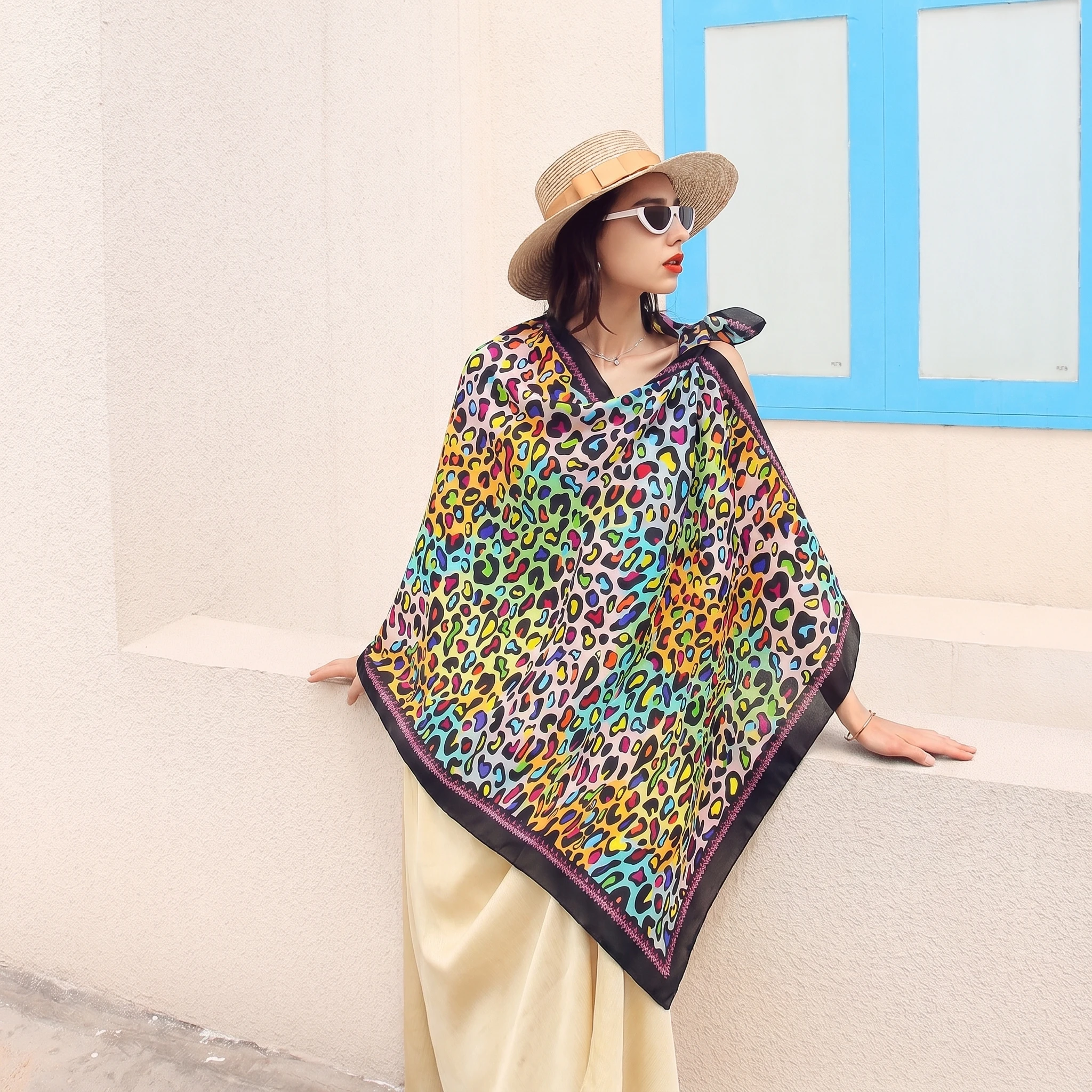 Women's Colorful Leopard Print Silk Satin Scarf 230*110cm Large Shawl Summer Sunscreen Beach Wrap Foulard Fashion Headscarf