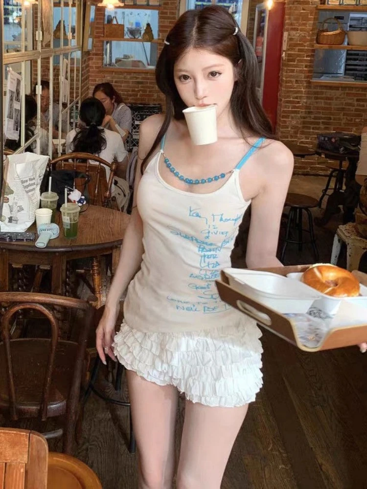 Y2k Aesthetic Letter Printing Top 2025 Women Streetwear Beads Slim Fit ​sexy s Harajuku Summer Grunge Vintage Camisole
