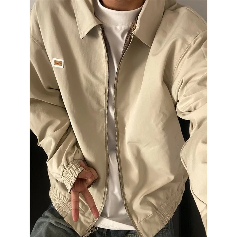 

Reversible Coat Men's Autumn Casual Loose American Retro Lapel Jacket Loose Plaid Apricot All-match Top