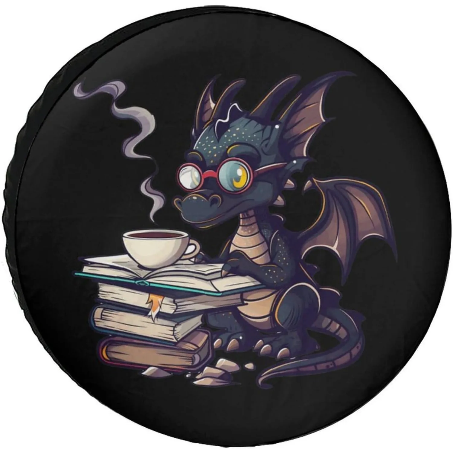 1pc Funny Dragon Read Books and Drink Coffee Spare Tire Cover Wheel Protectors Dust-Proof  Wheel Accessories