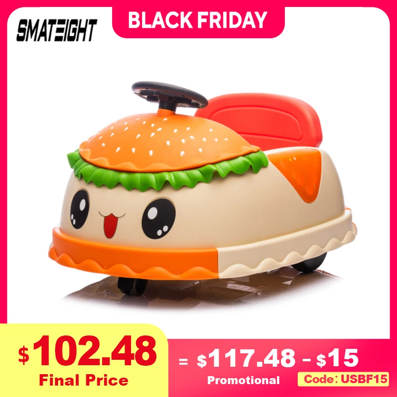 12V Kids Electric Bumper Car with Remote Control, 360° Spin, Hamburger Design, Bluetooth, Music, LED Lights, for Ages 2-5