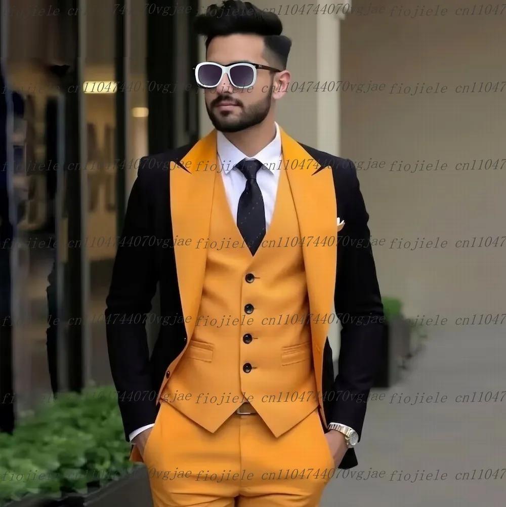 

Новый желтый и черный мужской костюм для официальной свадьбы, жениха, деловые мужские смокинги по индивидуальному заказу, комплект из трех предметов, куртка, жилет, брюки