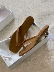 2024Summer new leather high heels herringbone slippers for women wearing French fairy style square toe clip sandals