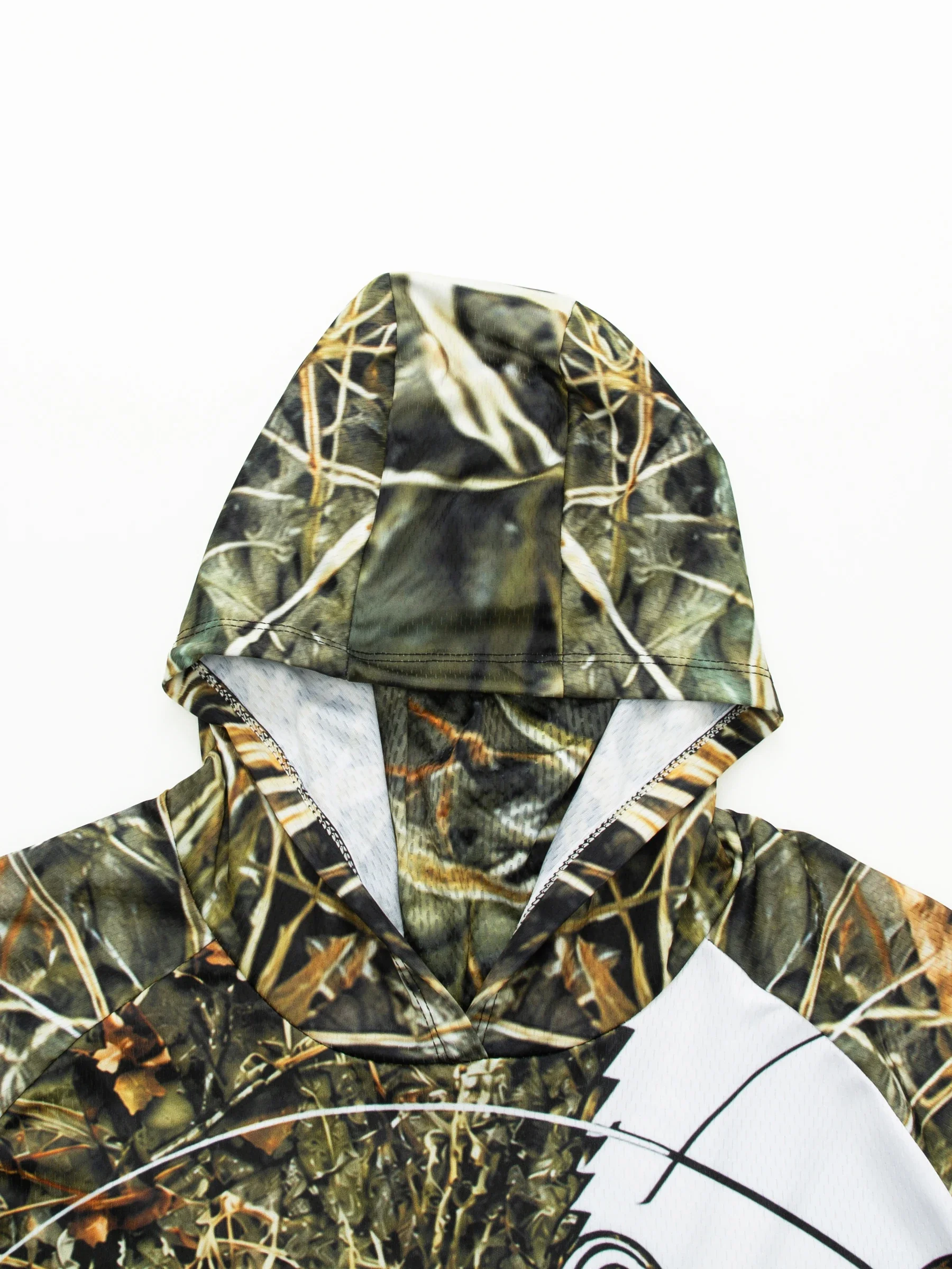 Herren Sommer UPF50+ Angel-Hoodie mit Gesichtsmaske, Reed Camo Bass-Print, schnelltrocknend, atmungsaktiv, leicht, langärmeliges Angelhemd – Detail 5