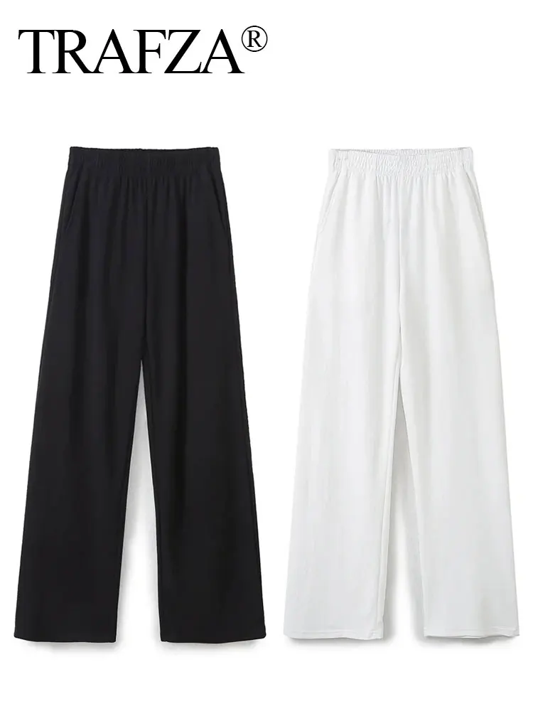 TRAFZA Women Casual Cotton Pant Elastic Waist Loose Wide Leg Pants Spring Summer Female Fashion Vintage Solid Trousers 2024 New