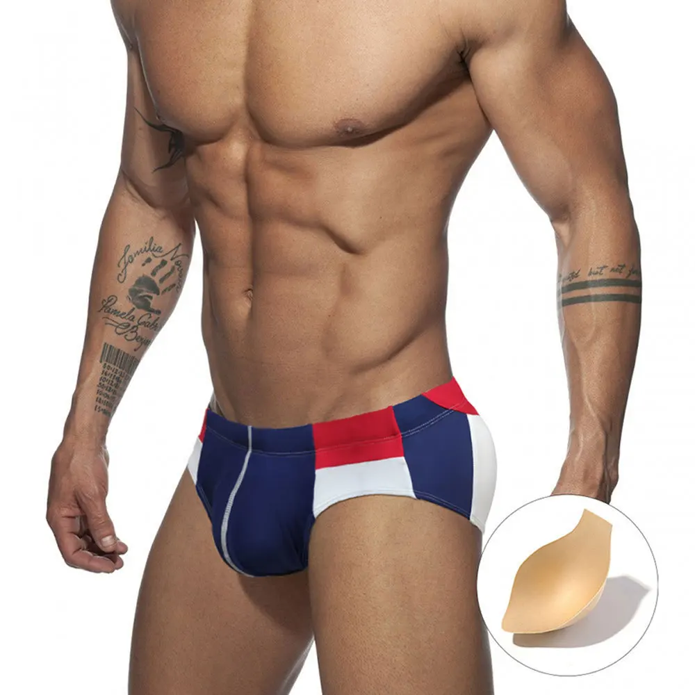 Men's sexy sports triangle swimming trunks bright line color matching drainage line with cup fashionable beach triangle