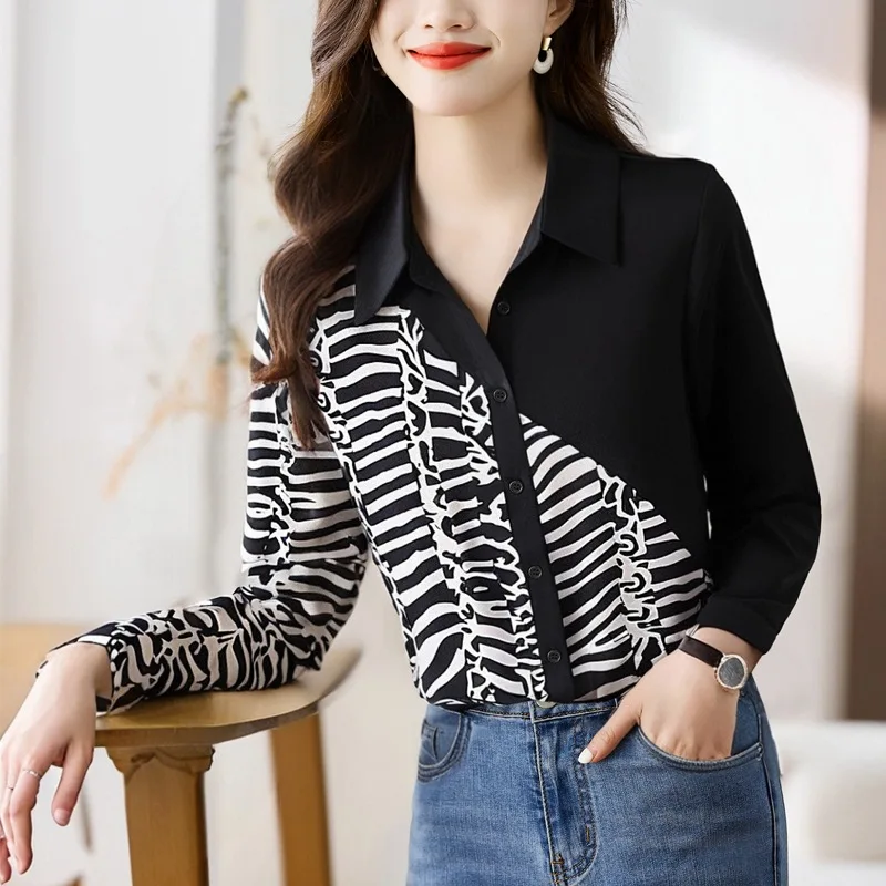 Moda casual outono feminino turn-down colarinho cor-bloco chiffon topo aberto cardigan camisa base listrado leopardo impressão