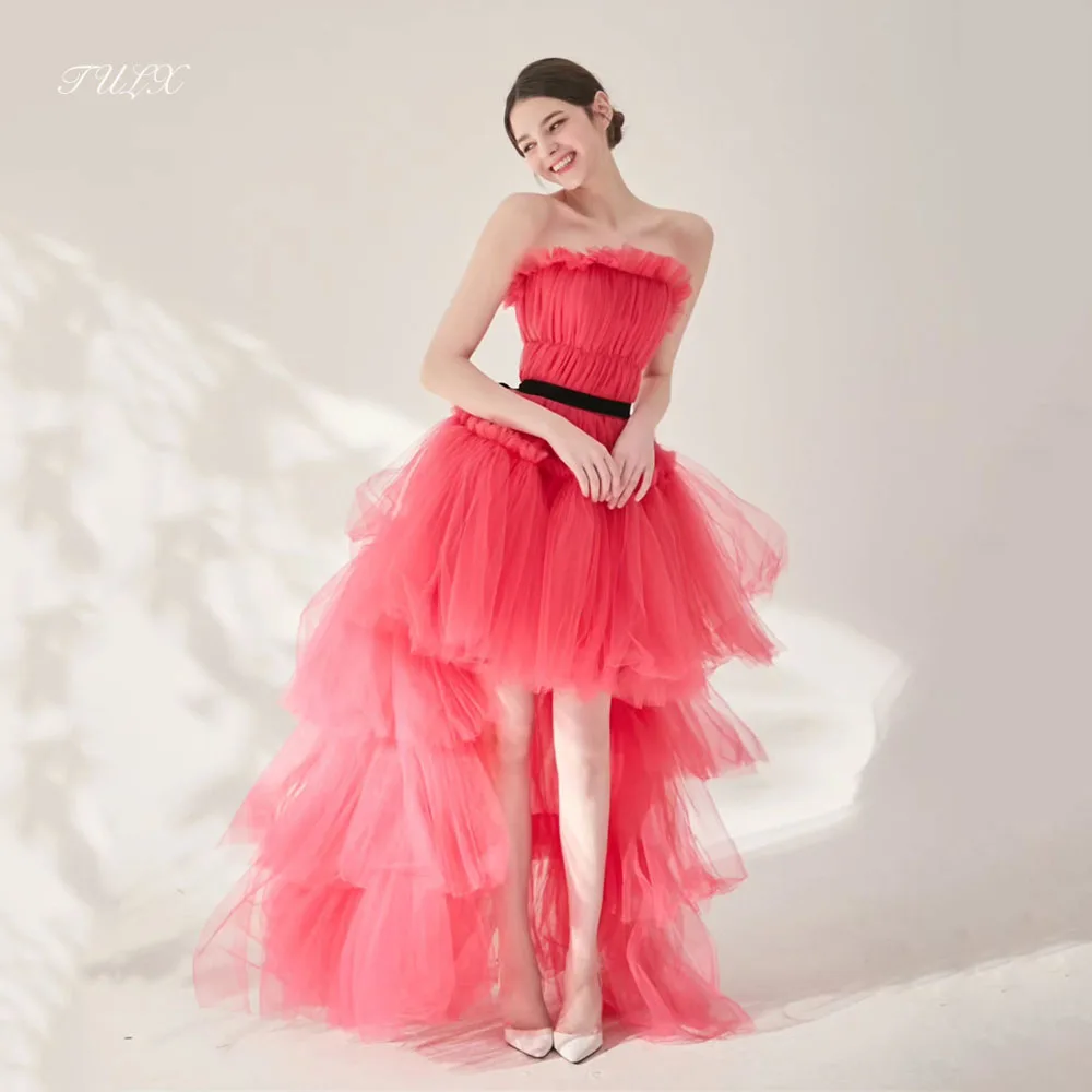 TULX 요정 튤 이브닝 드레스 한국 웨딩 사진 촬영용 스트랩리스 A라인 앞단 짧고 뒷단 긴 파티 드레스 코르셋 맞춤 제작