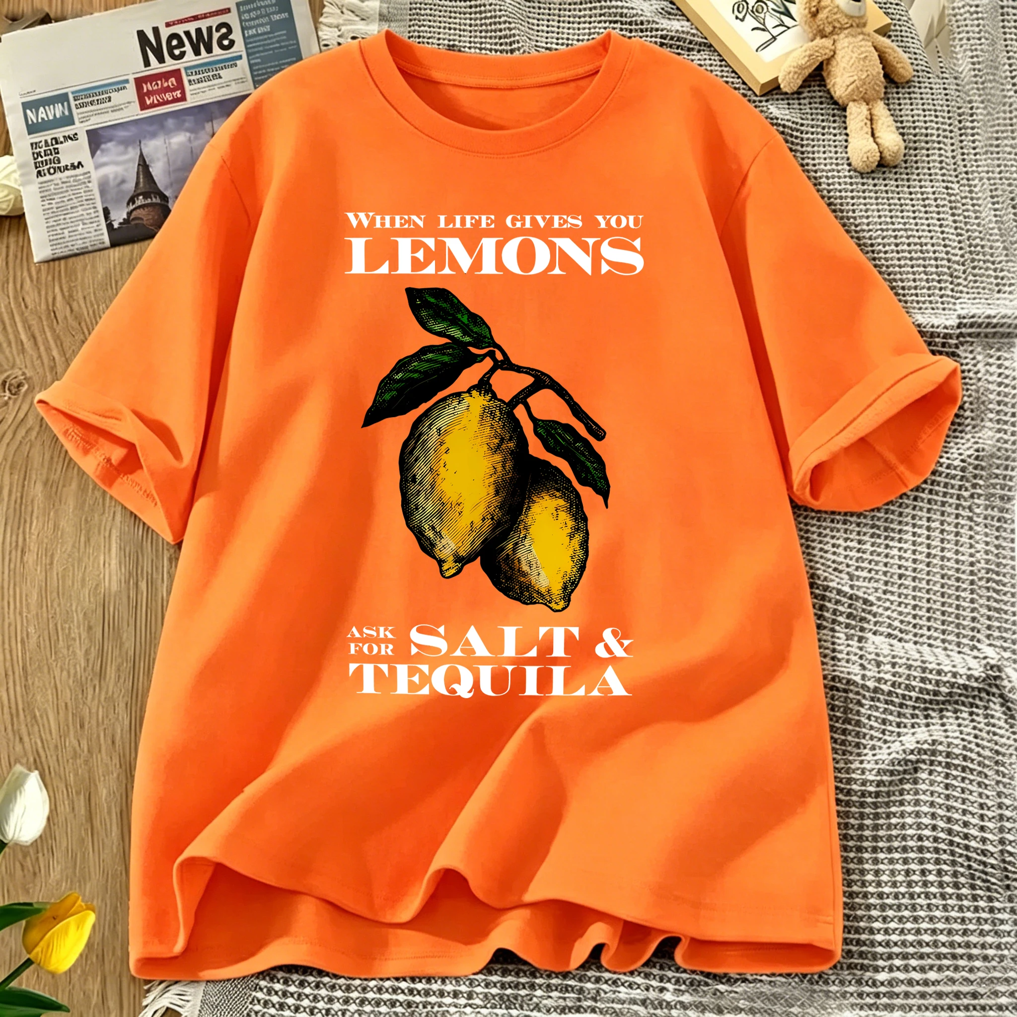 Salt Tequila Fresh Lemons Print Woman T Shirt Jogging Casual T-Shirts Cotton Summer Clothes Oversized Crewneck Short Sleeve