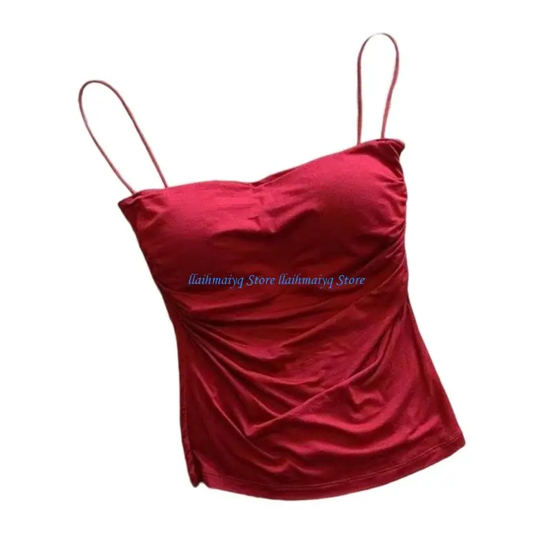 573B بلوزة نسائية بدون أكمام مع حمالات صدر مدمجة، قميص قصير صيفي بدون أكمام، قطع علوية عصرية للخروج #3