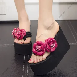 Comemore New Flip Flop Wedges Heels Summer Sandals Slippers Woman Shoes Women Beach Shoe Light Thick Bottom Platform Flowers 41
