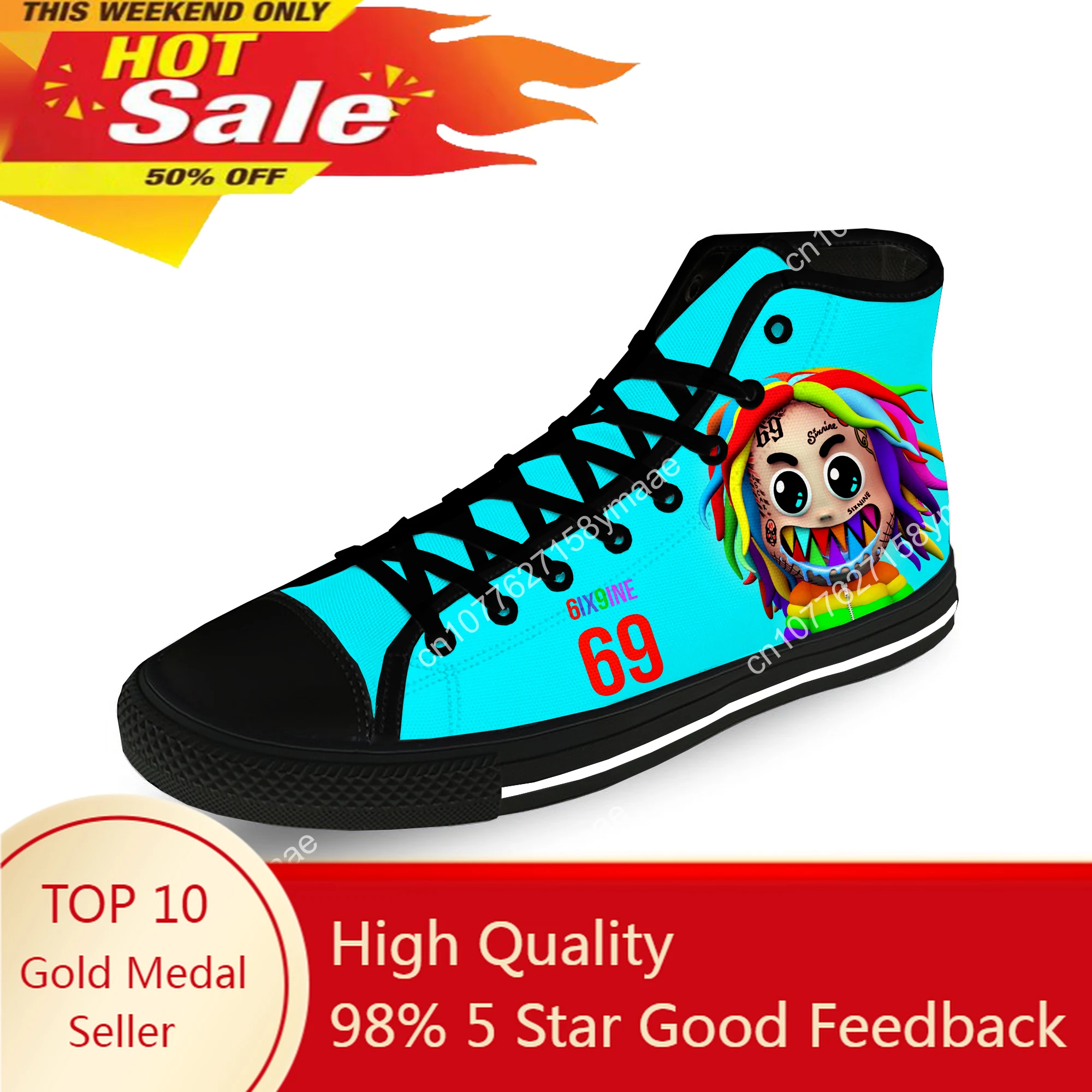 6IX9INE Hip Hop Rapper Rap Music Casual Cloth Fashion 3D Print High Top Canvas Shoes Men Women Lightweight Breathable Sneakers