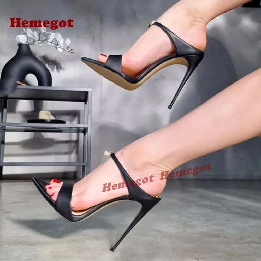 

Pointy Toe Stiletto Black Leather Women's Slippers One Straps Buckled Slippers Summer 2025 New Thin High Heels Sexy Cut Out Shoe