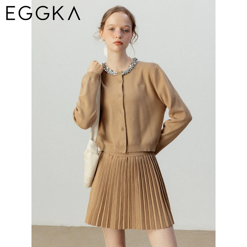 EGGKA Autumn Knitted Two Piece Set Women Embroidery Design Knit Cardigan + Elegant Pleated Skirt Korean Fashion Knit Suits 2024