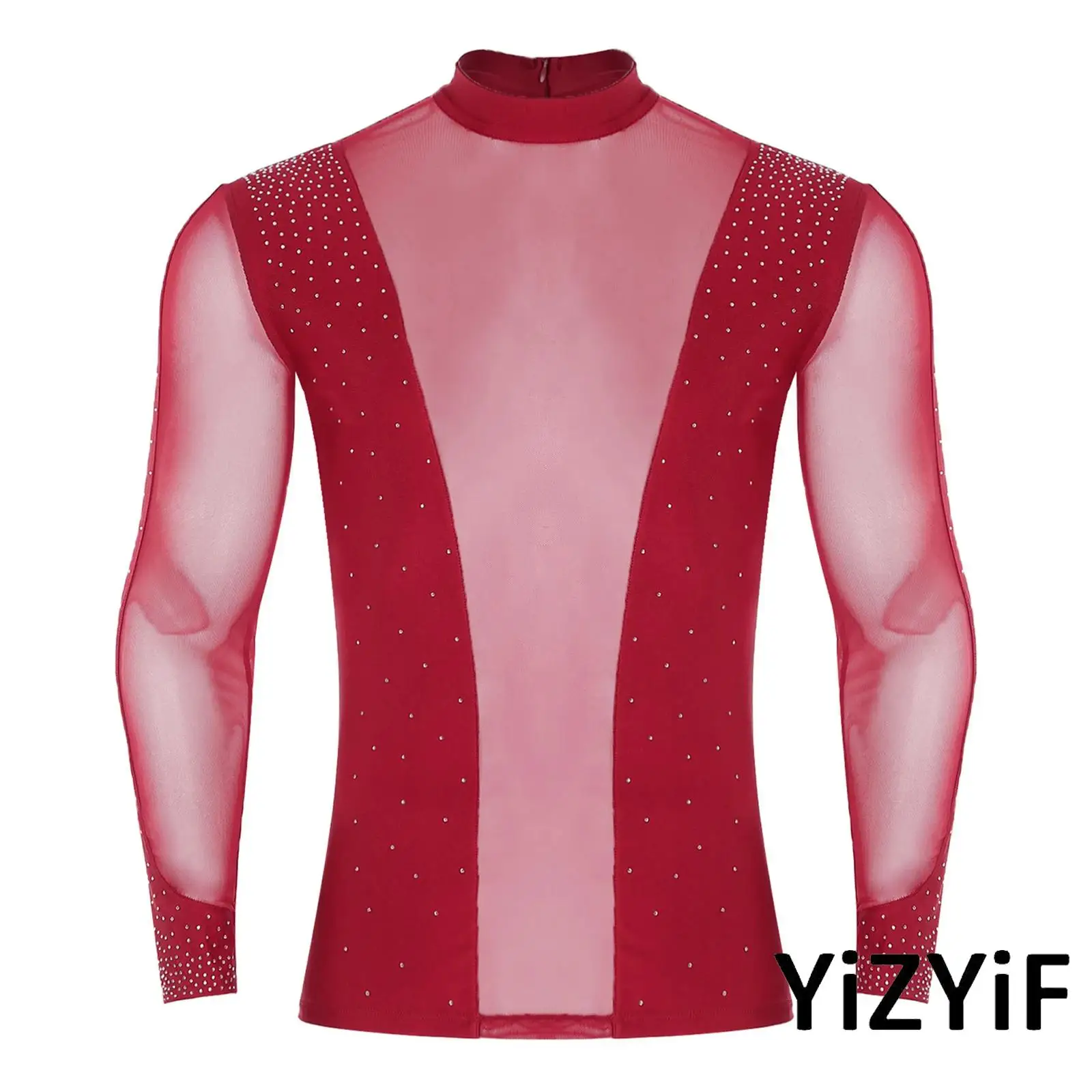 

Professional Latin Dance Shirt for Men with Sheer Mesh Rhinestones Mock Neck Rumba Latin Dancewear for Ballet Tango Performance