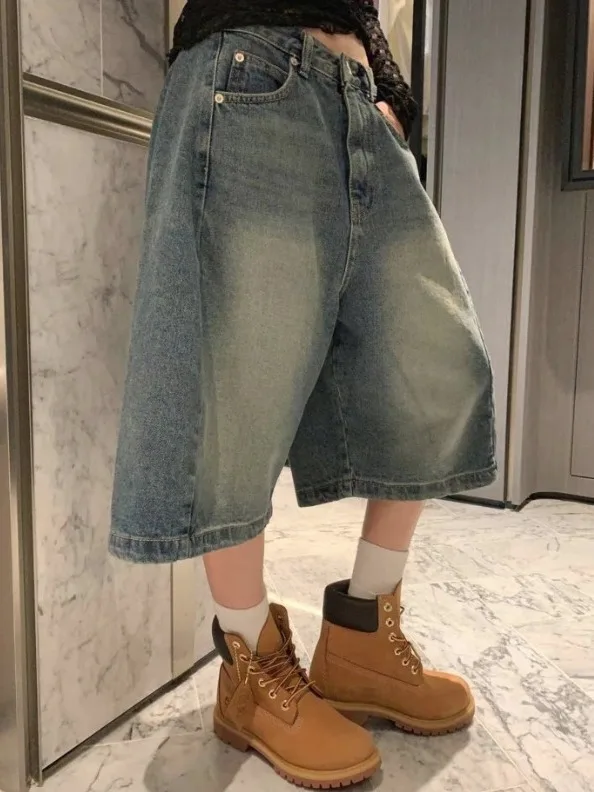 

Винтажные потертые широкие джинсы, женские свободные утягивающие модные повседневные джинсы средней длины, синие джинсовые универсальные весенние сезоны