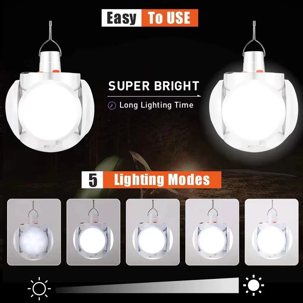 مصباح كرة قدم يعمل بالطاقة الشمسية، ضوء تخييم للشحن طويل المدى، طوارئ منزلية مضيئة متعددة الوظائف قابلة للطي بخمسة جوانب