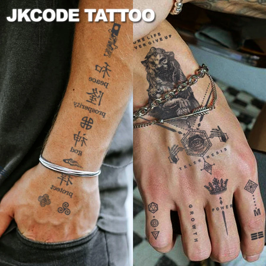 Juego de 2 piezas de tatuaje de doble propósito, concepto de la suerte, estatua de León chino, símbolo de números romanos, pegatina de tatuaje de hierbas, modelo de pareja doble para hombres, tatuaje temporal de mano y cuello de larga duración, 15 días