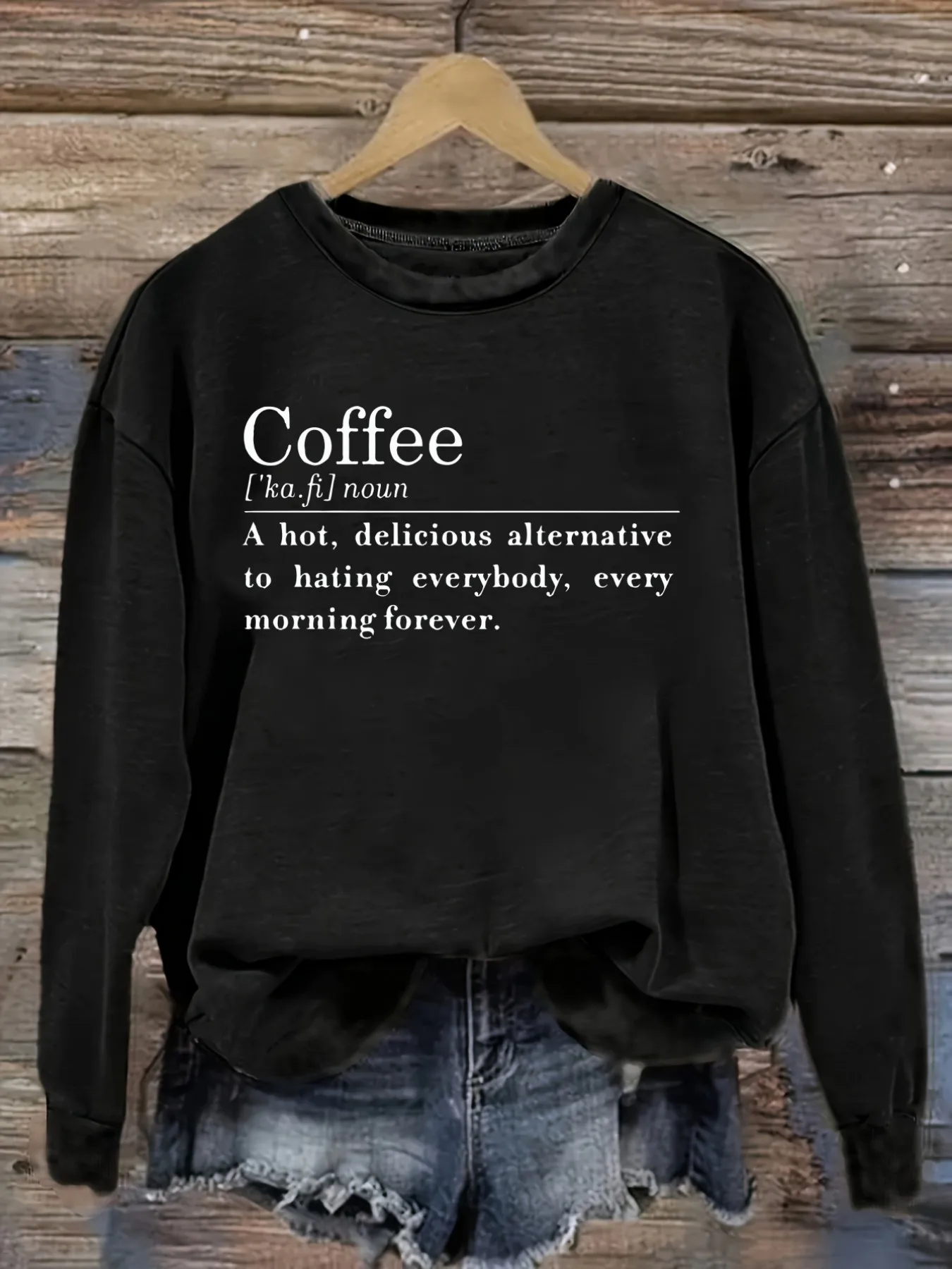 Women's Casual Long Sleeve Crew Neck T-Shirt Coffee Definition Funny Quote Print Design, Round Neck Women's Clothing, Machine Washable, Slightly Elastic, Loose Fit, Spring Autumn Winter Women's T-Shirt, Halloween Costume Outfit