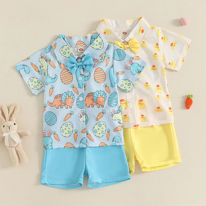 Toddler Baby Boys Outfits Easter Egg Carrot Chick Pattern Turn Down Collar Short Sleeve Shirt with Short 2Pcs Set for Summer