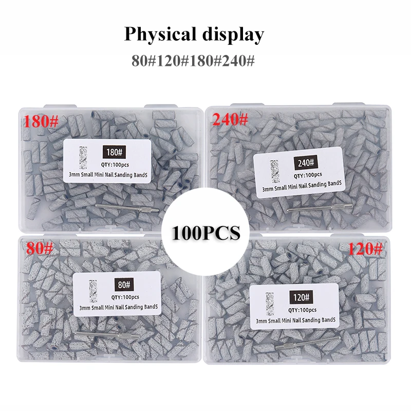 100 pièces/boîte 3mm Mini bandes de ponçage avec jeux de mandrins pour peau morte callosités polissage électrique forets à ongles outil de manucure