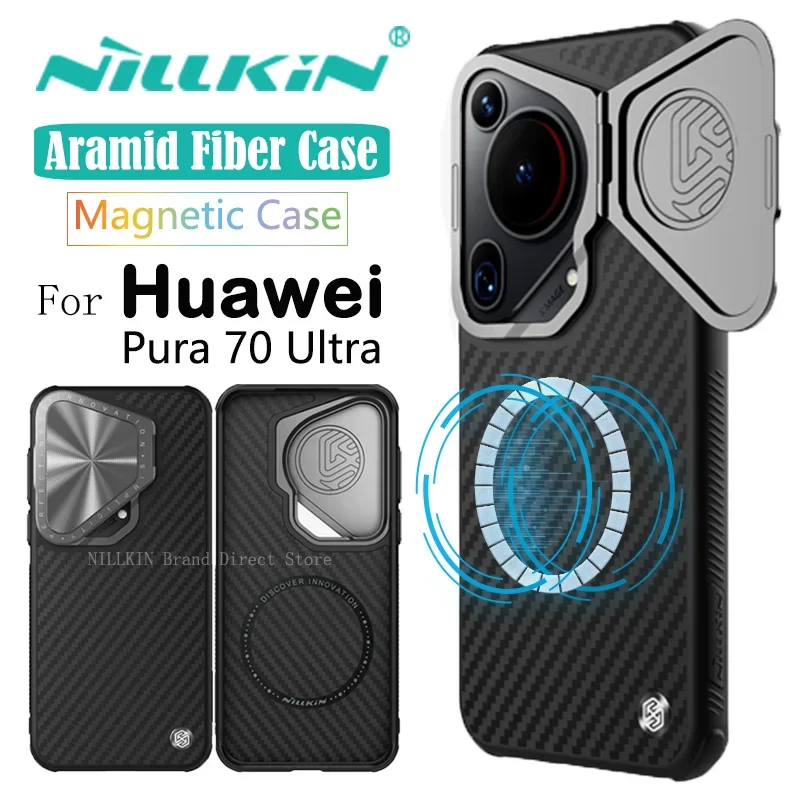 NILLKIN Aramid Fiber Magnetic Case for Huawei Pura 70 Ultra, Lens Kickstand, MagSafe, Flip Camera Protector Shell, Back Cover,