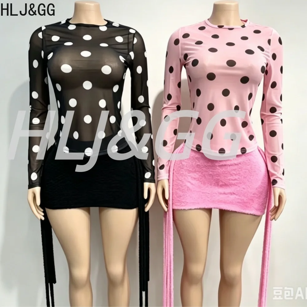 

HLJ&GG Fashion Trend Polka Dot Print Mesh Two Piece Sets Women Round Neck Long Sleeve Top + Tassel Mini Skirt Outfits Streetwear