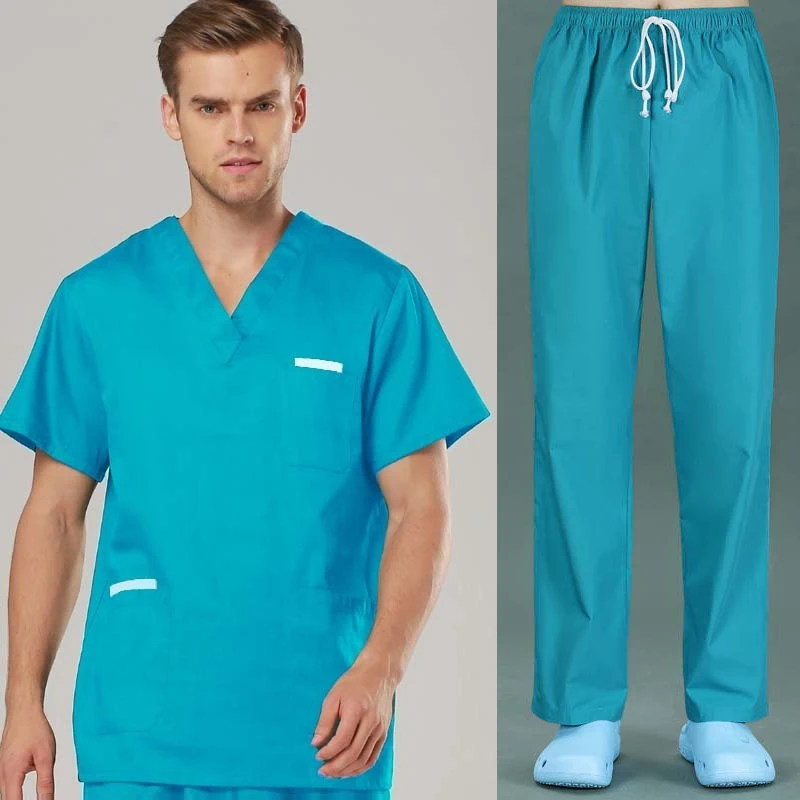 Men Scrub Set Cotton Nursing Scrubs Short Sleeve Medical Uniforms V Neck Scrub Shirt Veterinary Workwear Scrub Trousers Hospital