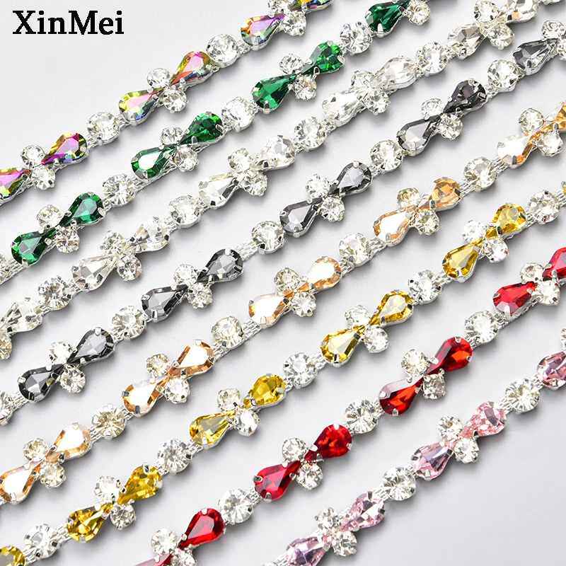 1 Yard Silver Glass Crystal Cross Trim Bling Rhinestone Claw Cup Chain Metal Ribbon Decoration DIY Clothing Jewelry Accessories