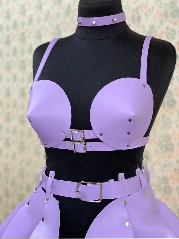

CosplayConcert Women's Pu Leather Strap Bra Space Dance Costume Cosplay Personality Solid Color Suspenders Gothic Ruffle Suspend