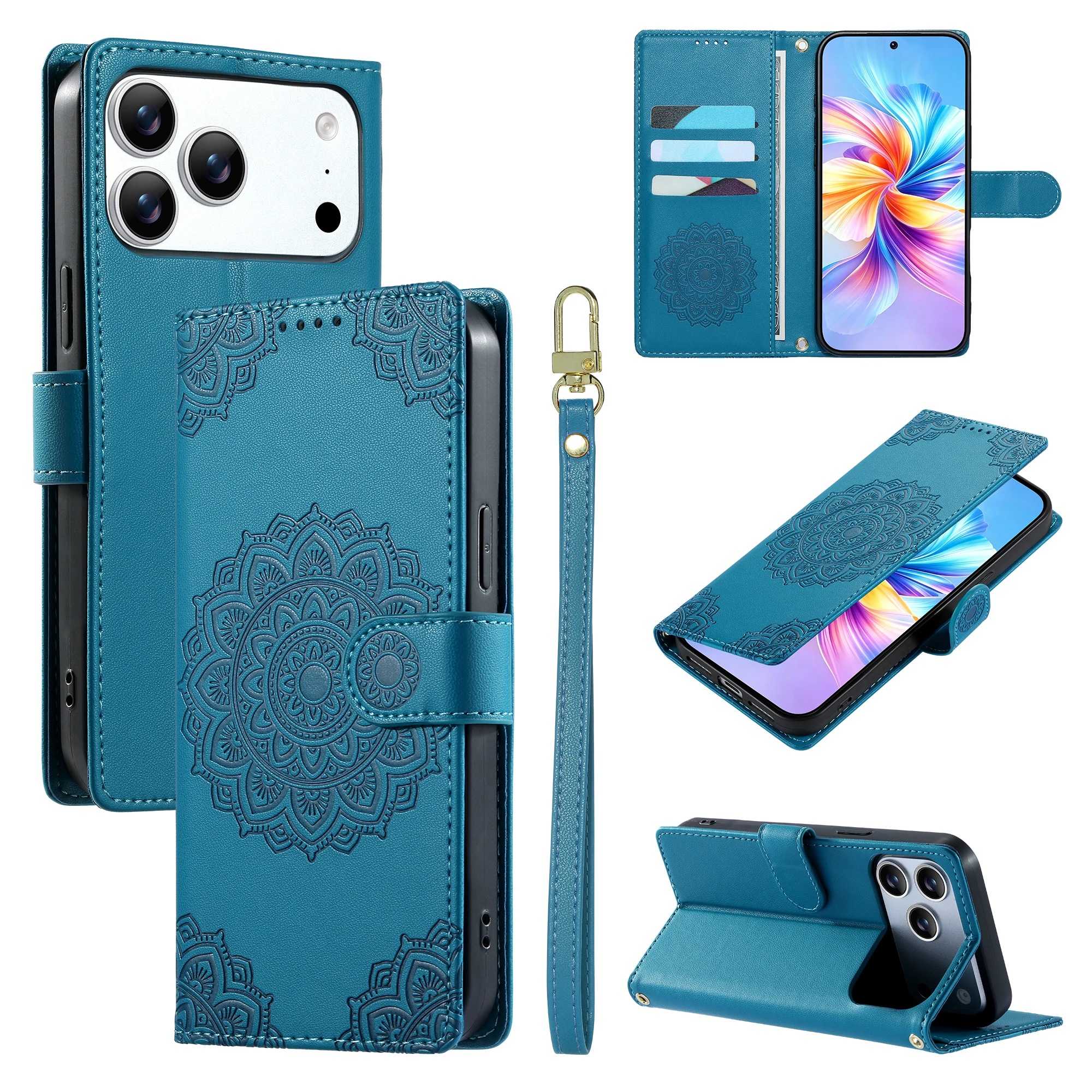 Totems Flower Lnayard Leather Case For Samsung Galaxy A72 A52 A32 A22 A12 A71 A51 Crossbody Wallet 3 Slots Anti Drop Flip Cover
