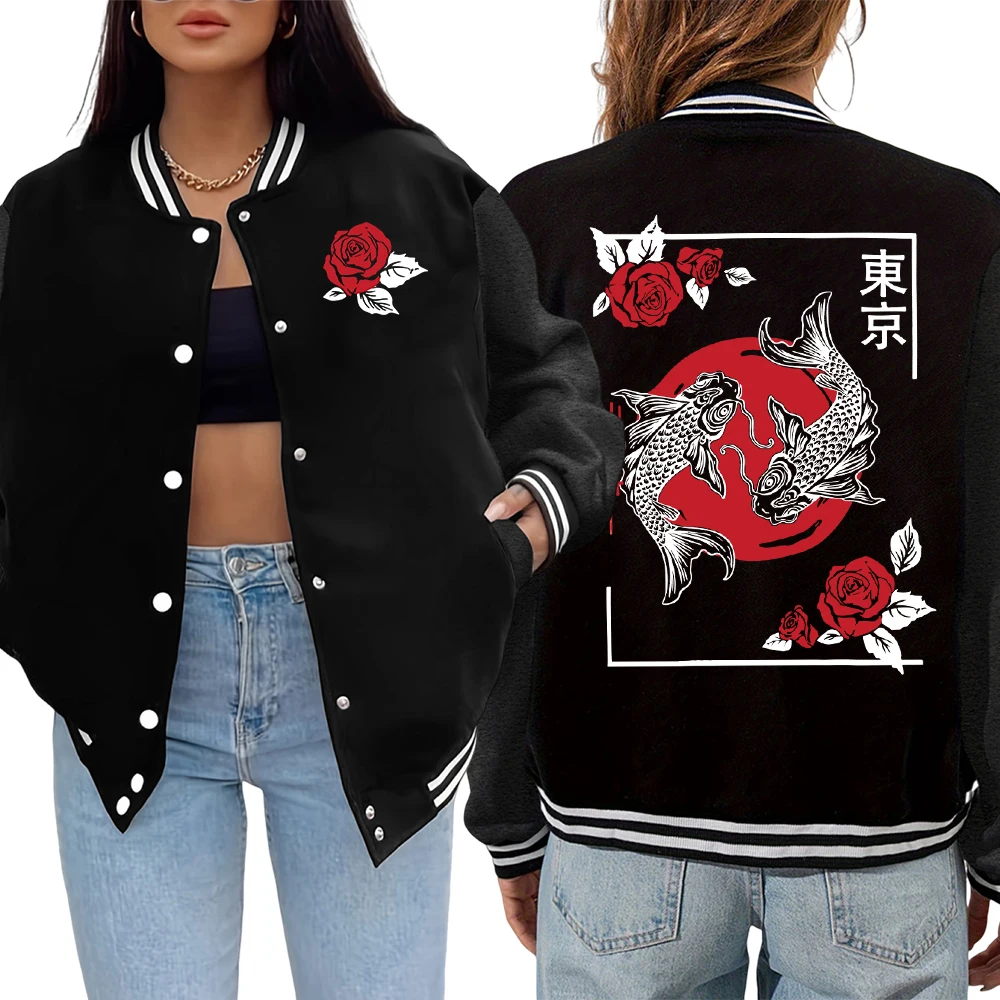 Chaquetas con estampado Harajuku de pez rosa de Tokio Koi, uniforme suave y cómodo para mujer, chaqueta deportiva americana, ropa de calle informal de otoño